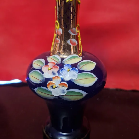 Vintage Bohemian Cobalt Blue Bud Vase – Hand-Painted Gold & Floral – 8" - Picture 9 of 11